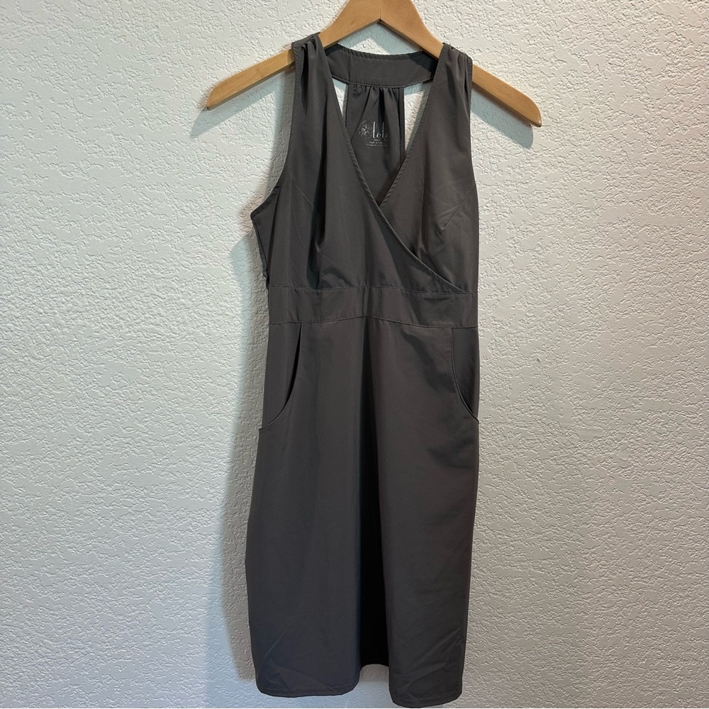 LOLA, DARK GREY WRAP BODICE RACER BACK DRESS SMALL, SIDE ZIP & POCKETS EUC 🩶🩶🩶